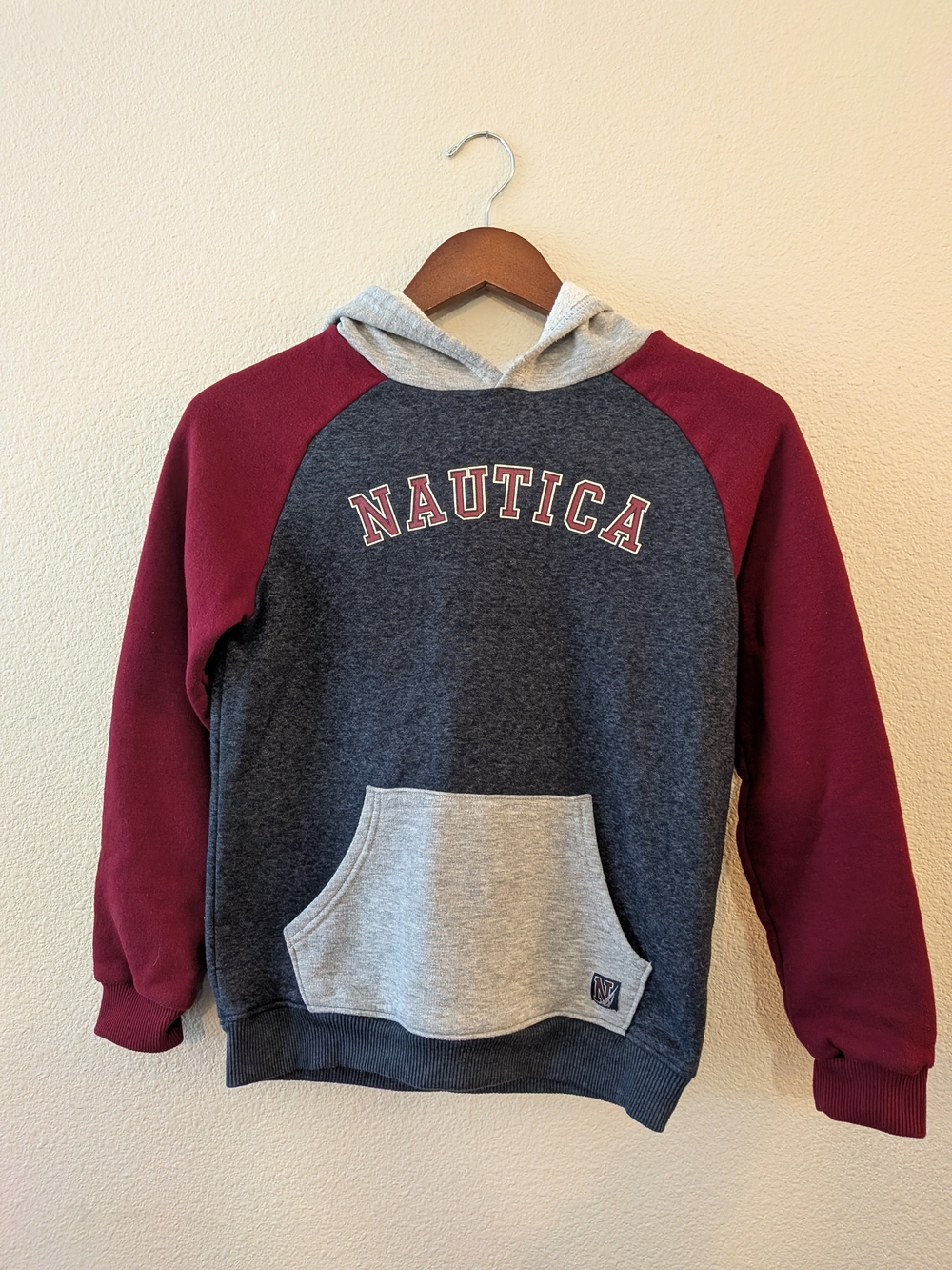 Nautica Gray & Burgundy Raglan Hooded Pullover
